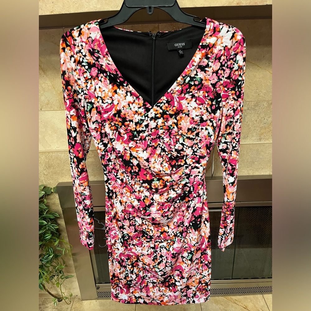 GUESS Floral Long Sleeve Dress - Pink and Black